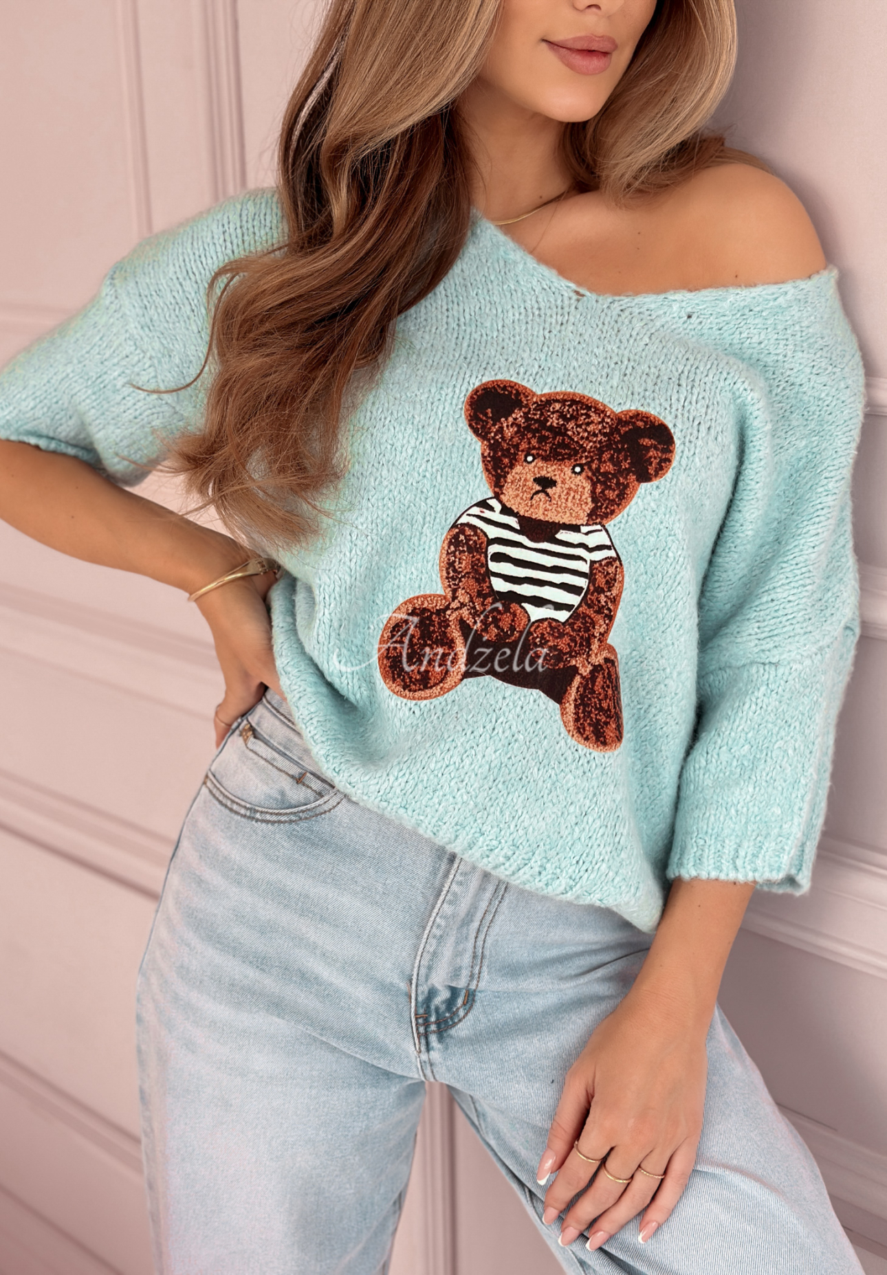 Oversize-Pullover mit Teddybär Bear Signature Himmelblau