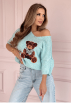 Pullover oversize z misiem Bear Signature Himmelblau