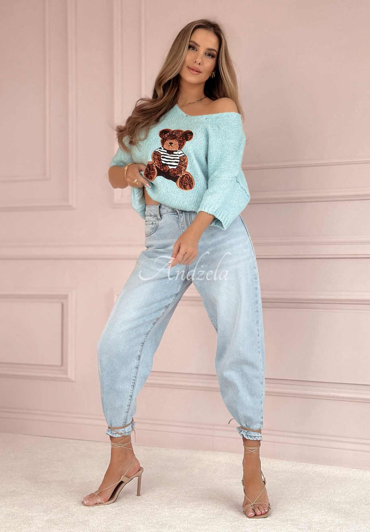 Oversize-Pullover mit Teddybär Bear Signature Himmelblau