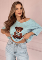 Pullover oversize z misiem Bear Signature Himmelblau