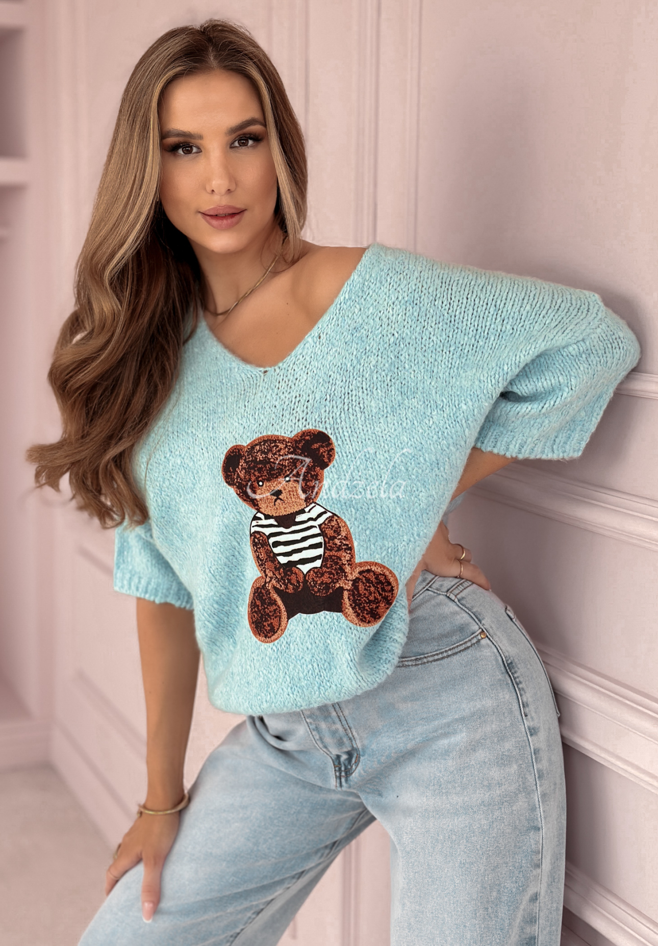 Oversize-Pullover mit Teddybär Bear Signature Himmelblau