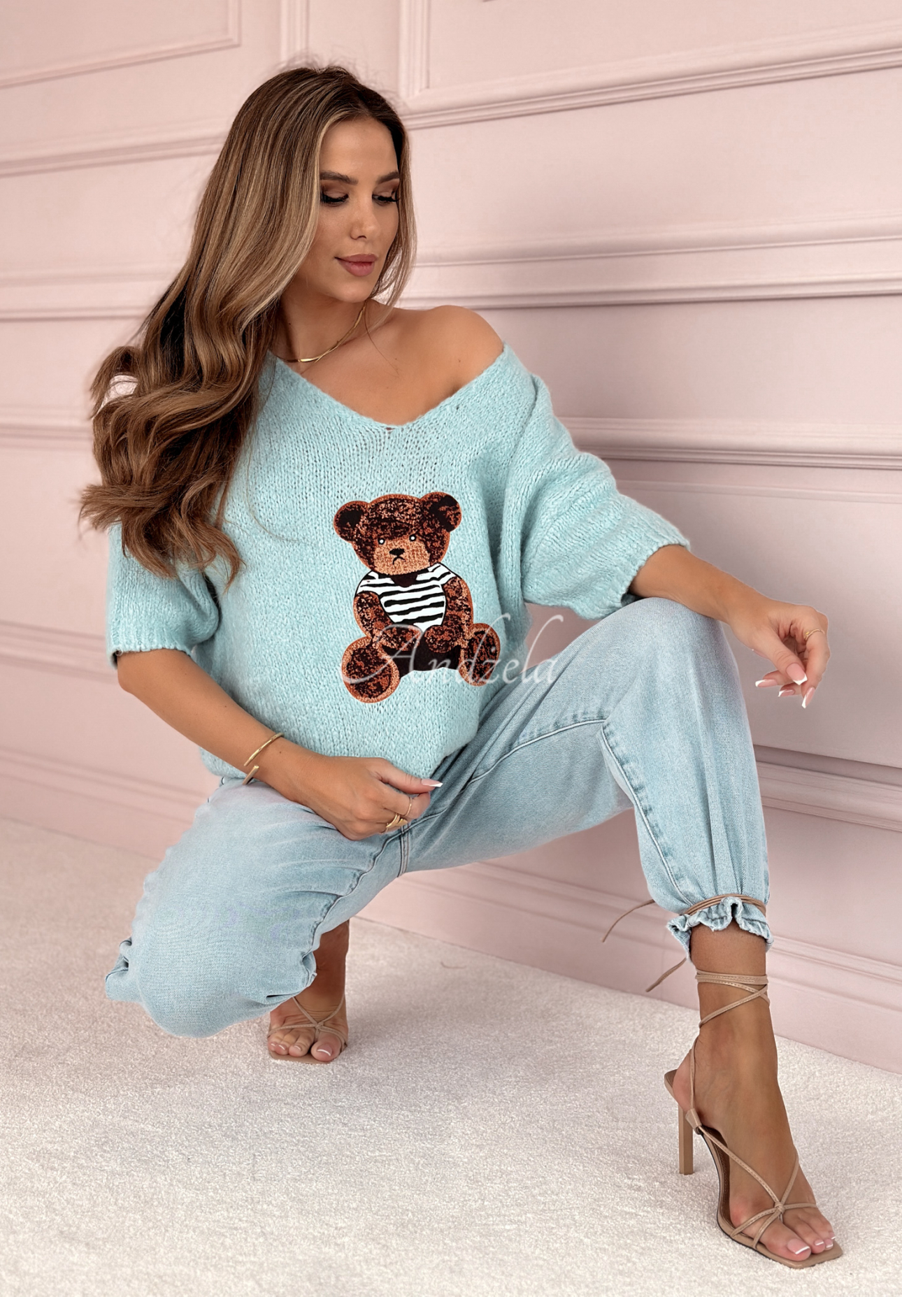 Oversize-Pullover mit Teddybär Bear Signature Himmelblau