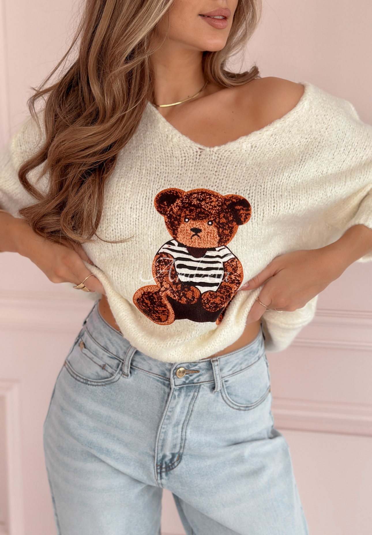 Oversize-Pullover mit Teddybär Bear Signature Ecru