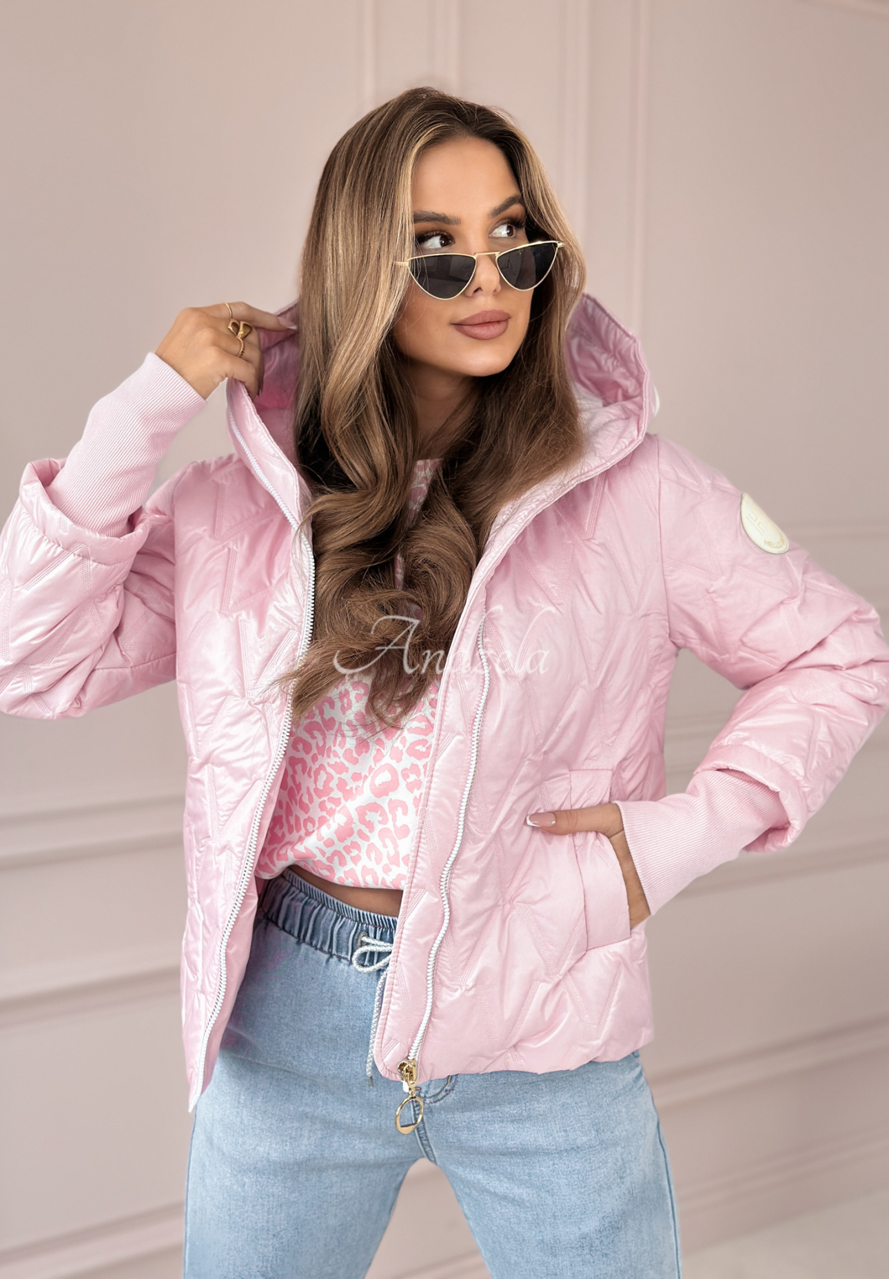 Short quilted jacket with hood Days Are Brighter pink