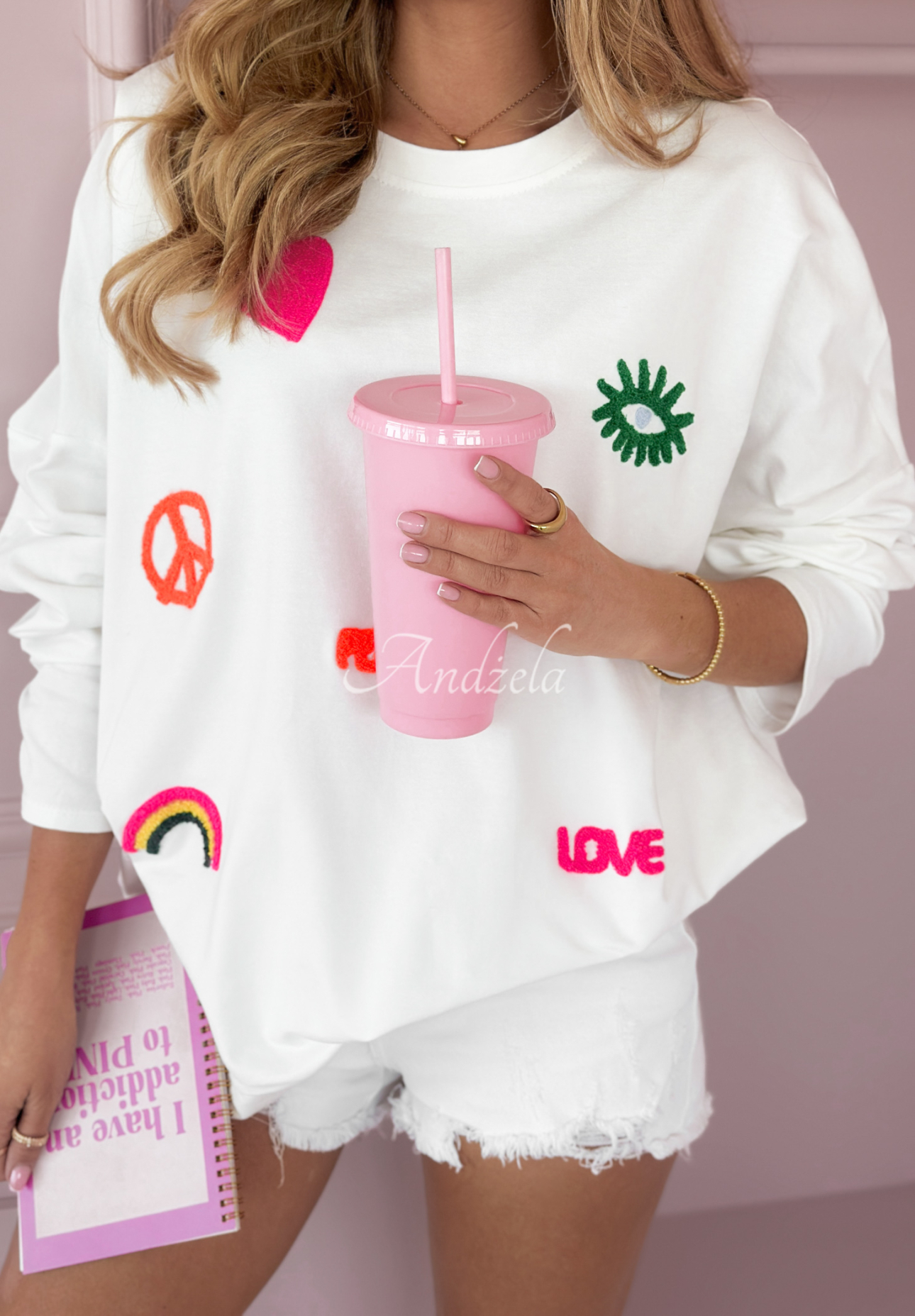 Oversize-Sweatshirt mit Patches Love And Peace Weiß