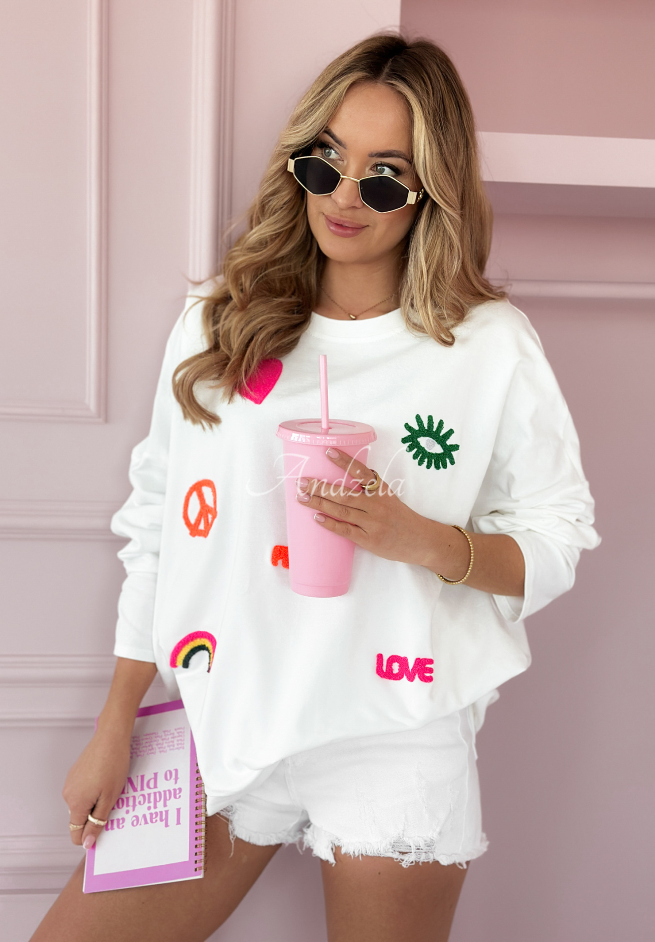 Oversize-Sweatshirt mit Patches Love And Peace Weiß