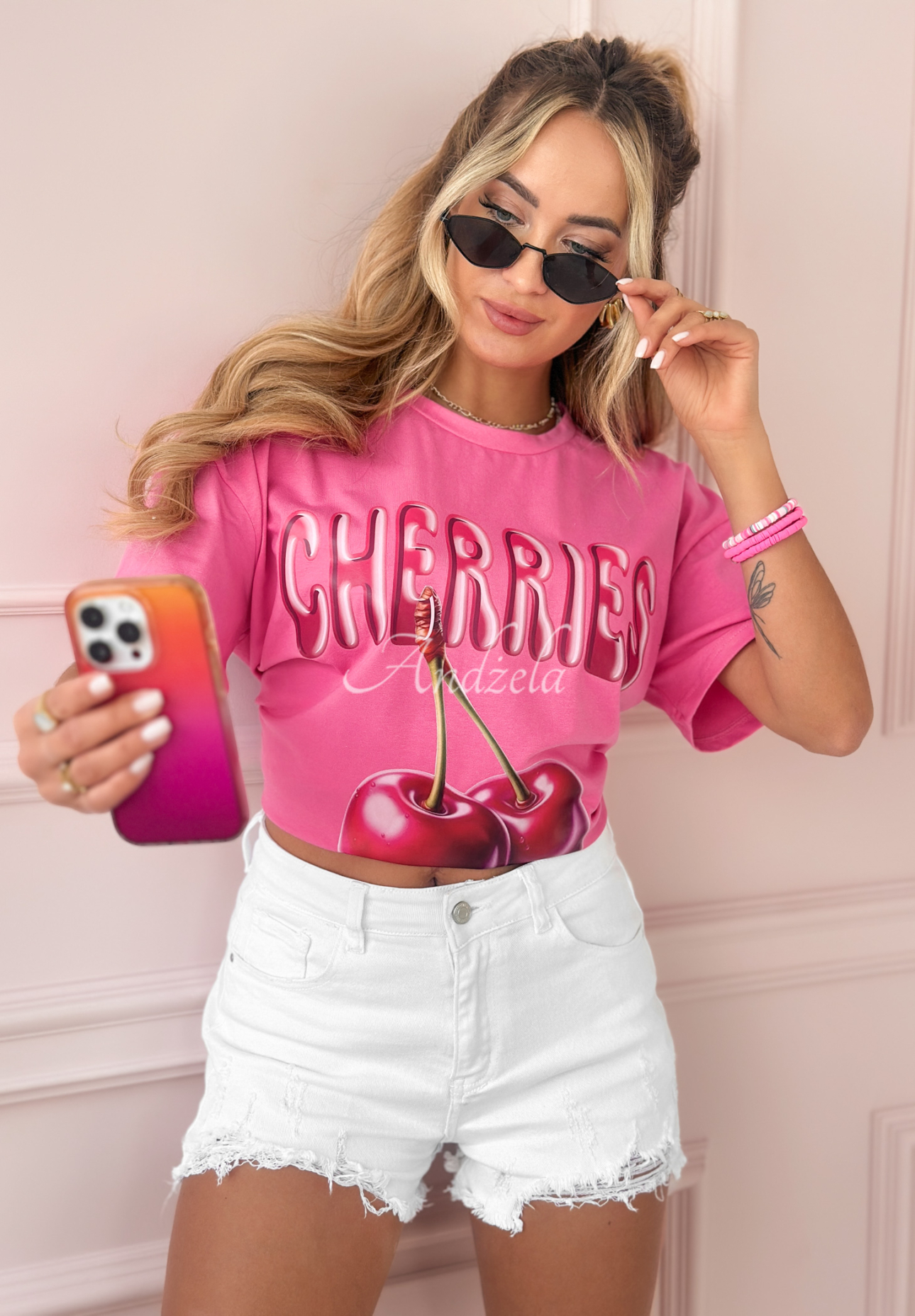 T-Shirt mit Aufdruck The Sweetest Cherries Rosa