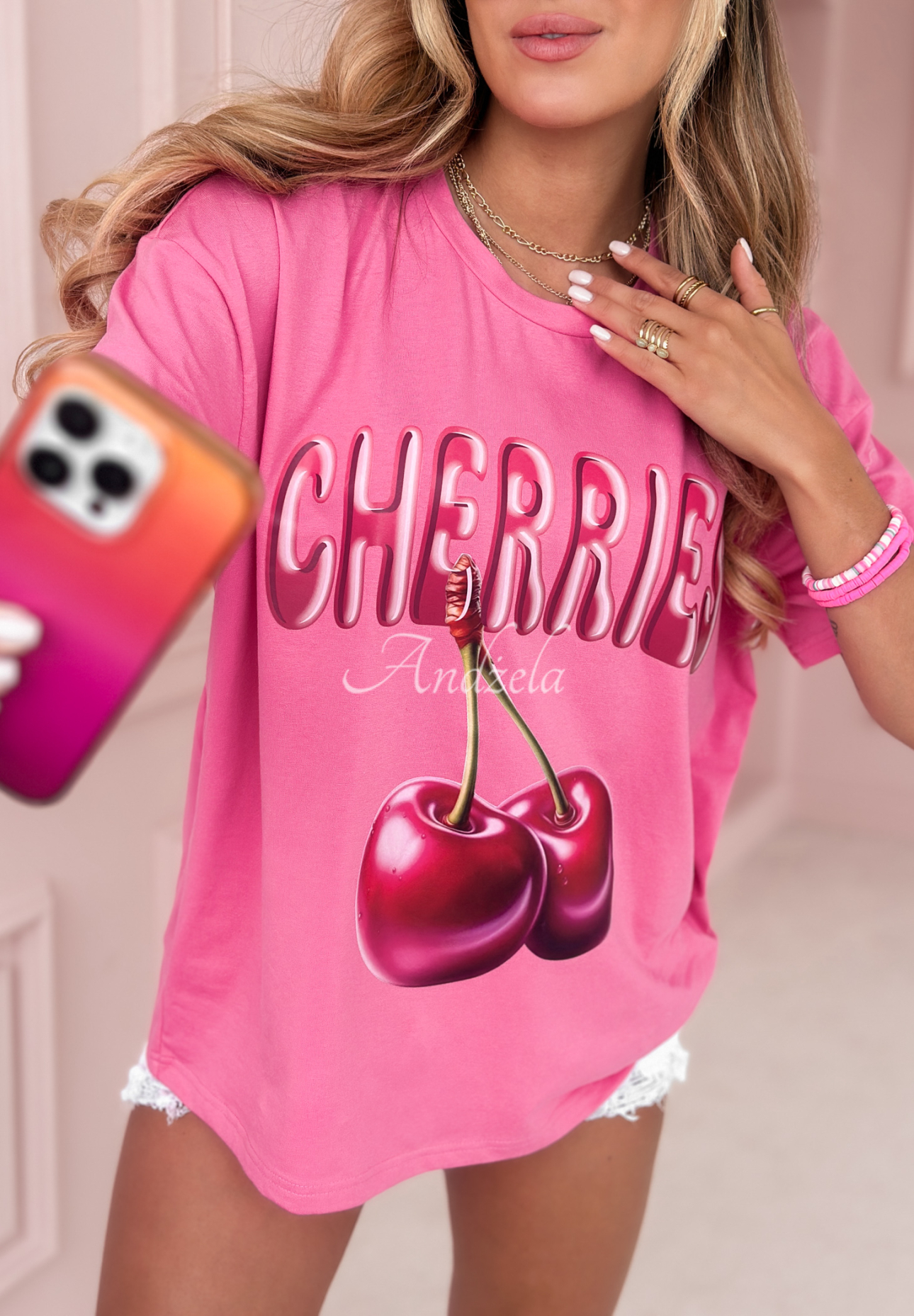 T-Shirt mit Aufdruck The Sweetest Cherries Rosa