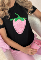 Wiskozowy T-Shirt z truskawką Strawberry Taste Schwarz