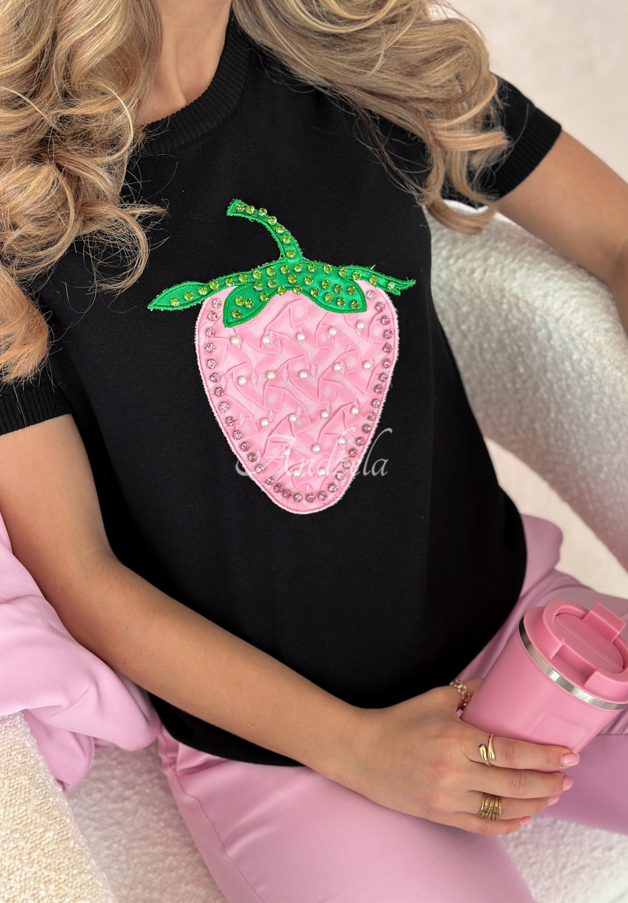 Viskosepullover mit Erdbeere Strawberry Taste Schwarz