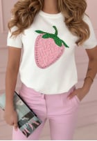 Wiskozowy T-Shirt z truskawką Strawberry Taste Weiß