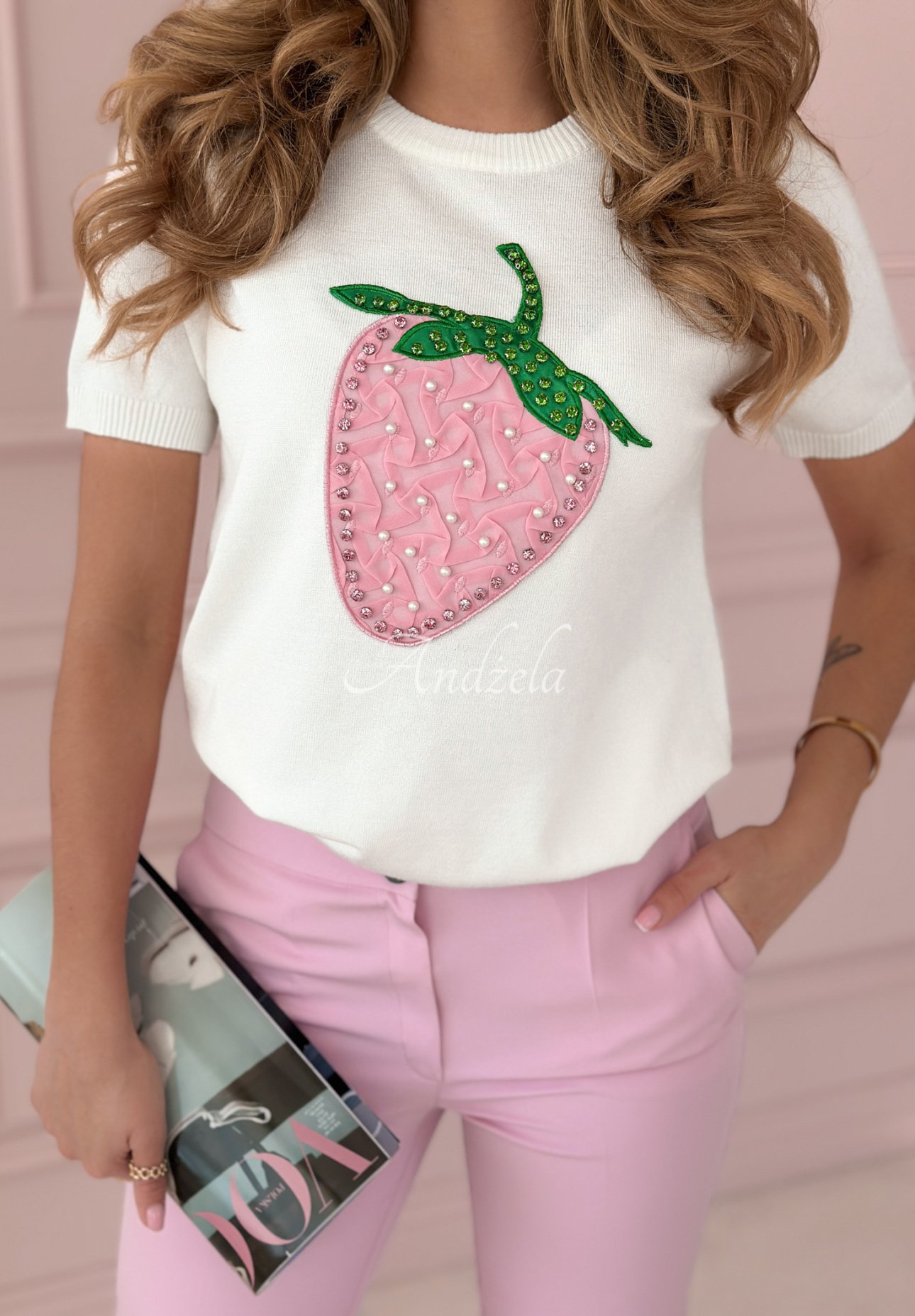 Viskosepullover mit Erdbeere Strawberry Taste Weiß