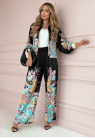 Satynowy Set Sweatshirt i Hose wide leg w kwiaty Silky Sensation Schwarz