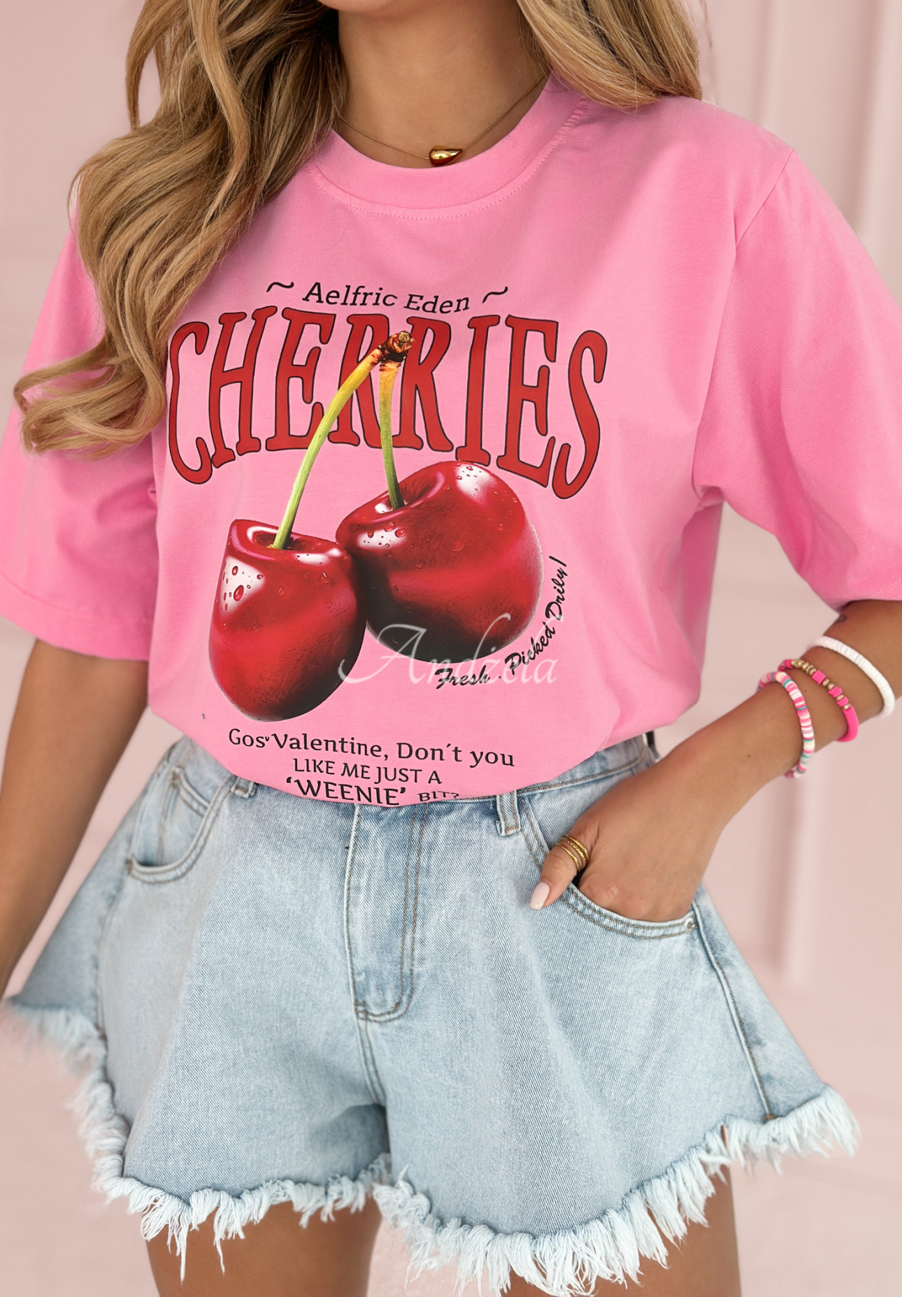 T-Shirt mit Aufdruck Fresh Cherries Rosa