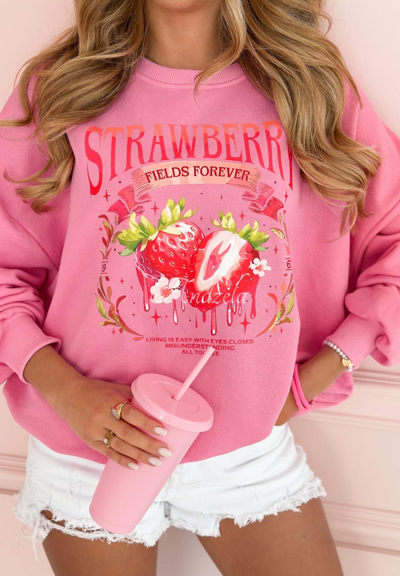 Sweatshirt mit Print Strawberry Fields Rosa