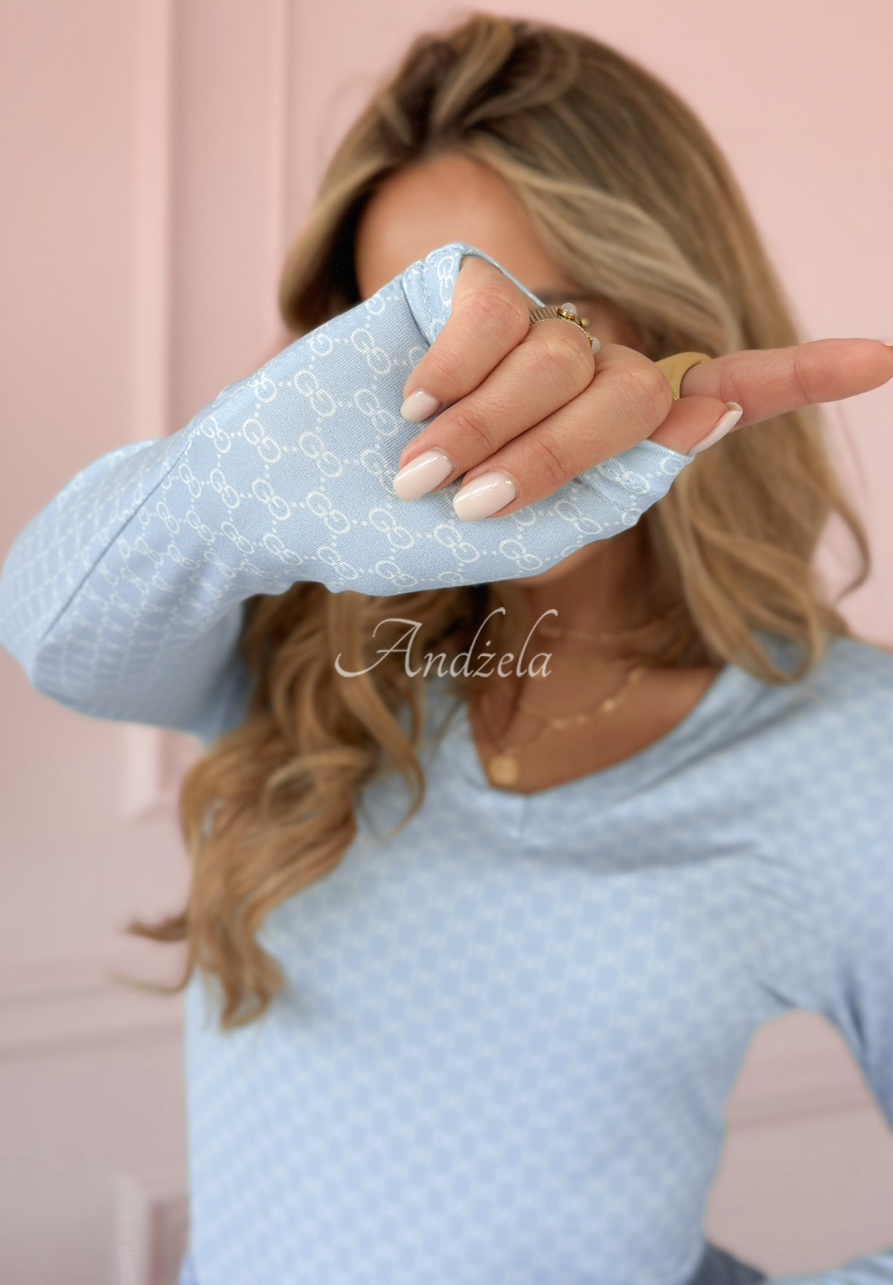 Think Happy patterned blue blouse