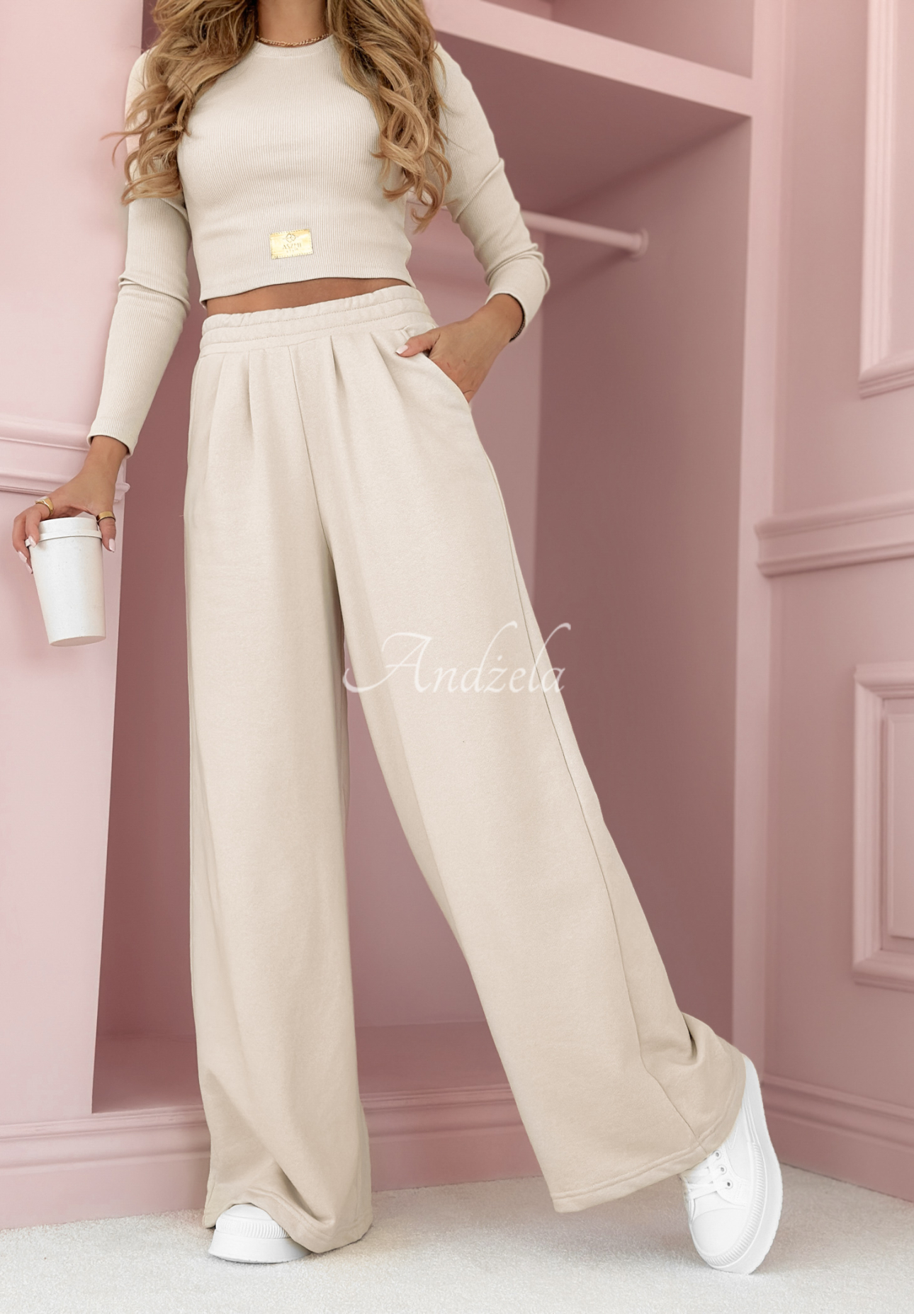 Set gestreifte Bluse und Hose wide leg Don’t Stop Beige