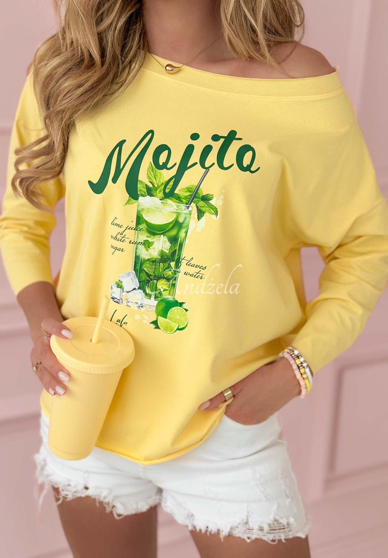 Oversize Oberteil mit Aufdruck Lalu Mojito Gelb