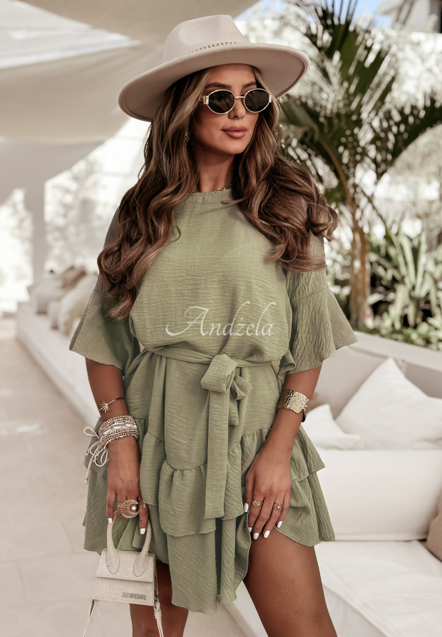 Leinenkleid mit R&uuml;schen und G&uuml;rtel Haiki hell Khaki