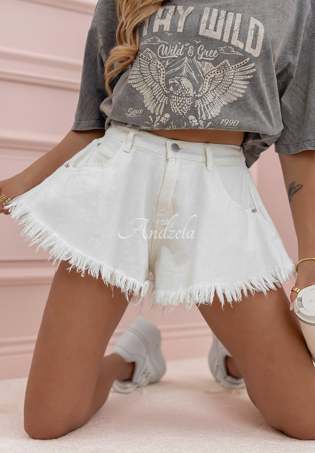 Denim-Shorts mit weitem Bein Endless Blue Ecru