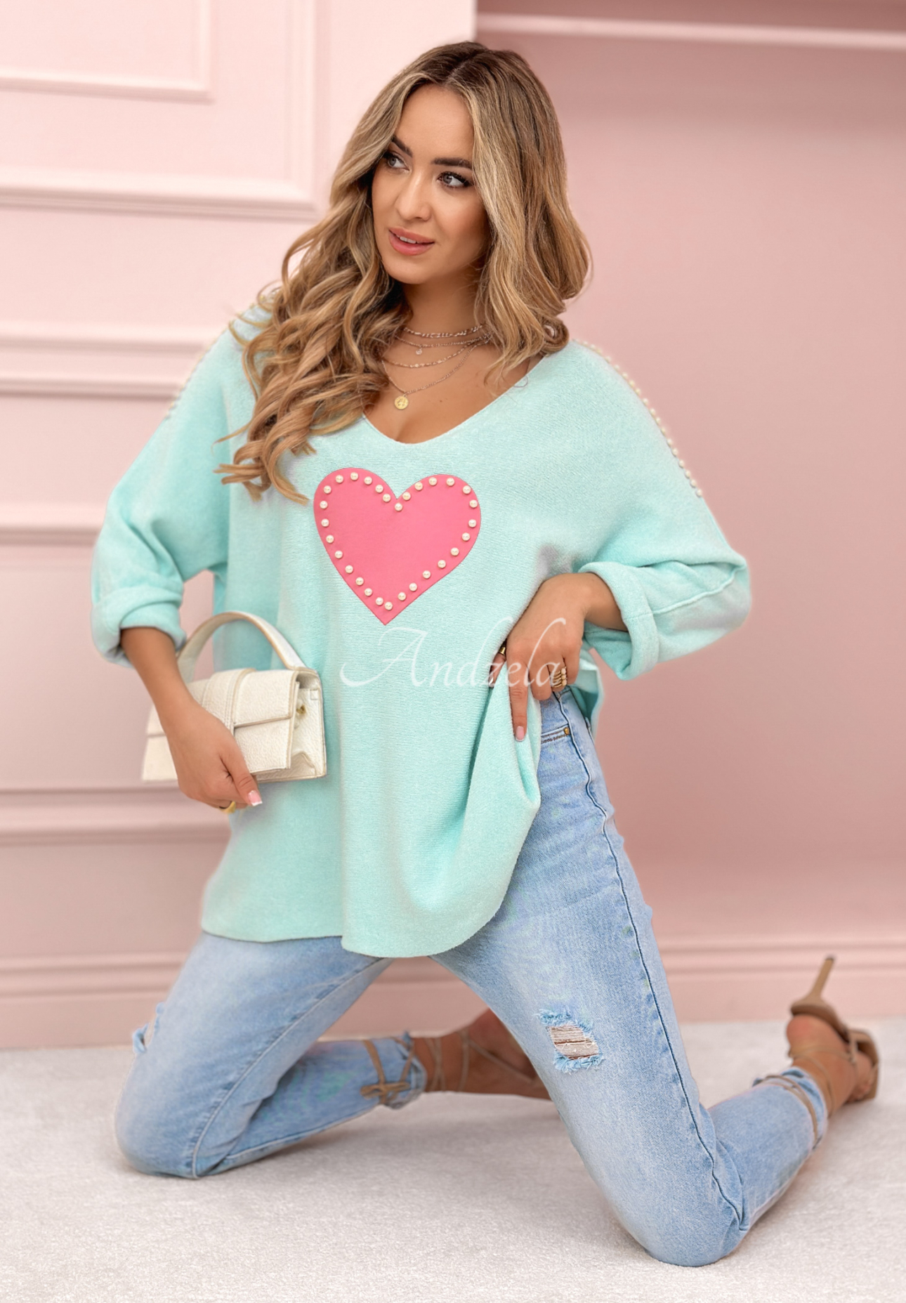 Leichter Pullover mit Herz Hour Of Love Mintgrün