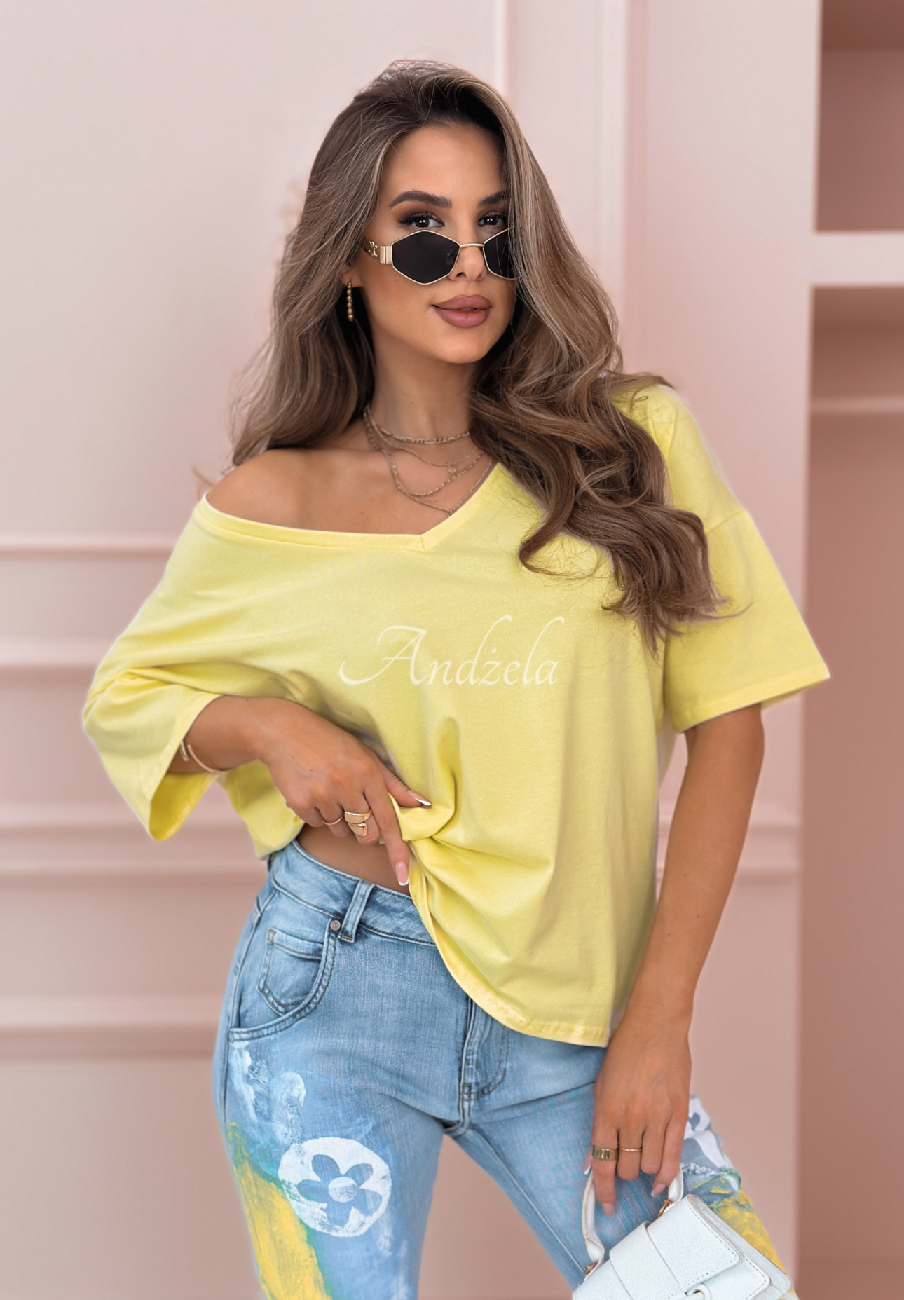 Oversize-T-Shirt mit V-Ausschnitt Cascade Bananengelb