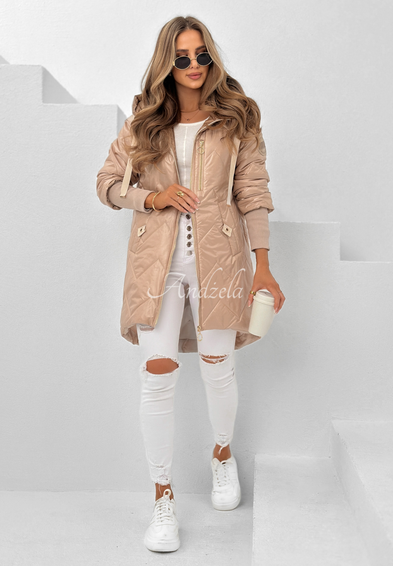 Lange Steppjacke mit Kapuze No Pressure Beige