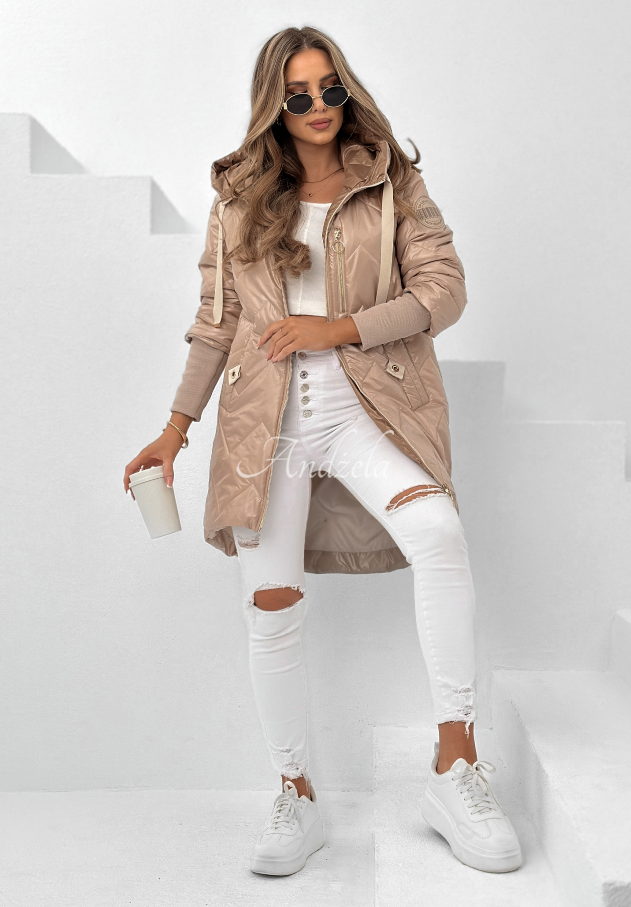 Lange Steppjacke mit Kapuze No Pressure Beige