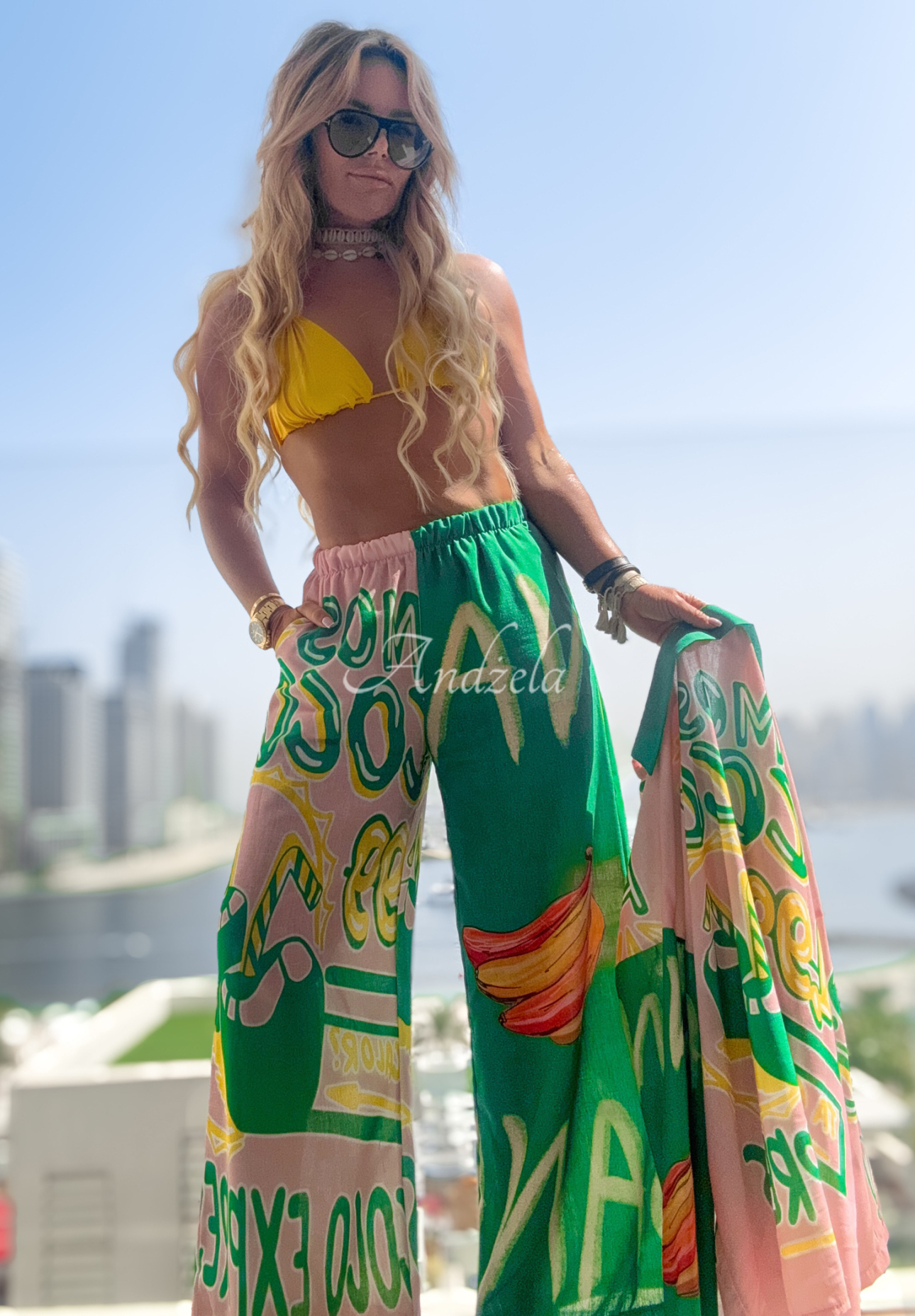 Summer Expressions green-pink patterned shirt and wide leg pants set