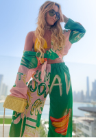 Wzorzysty komplet koszula i spodnie wide leg Summer Expressions zielono-różowy