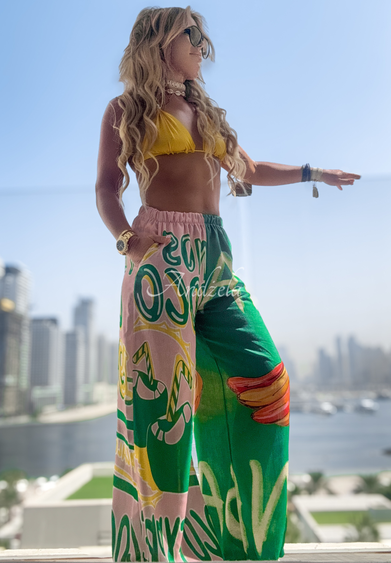 Summer Expressions green-pink patterned shirt and wide leg pants set