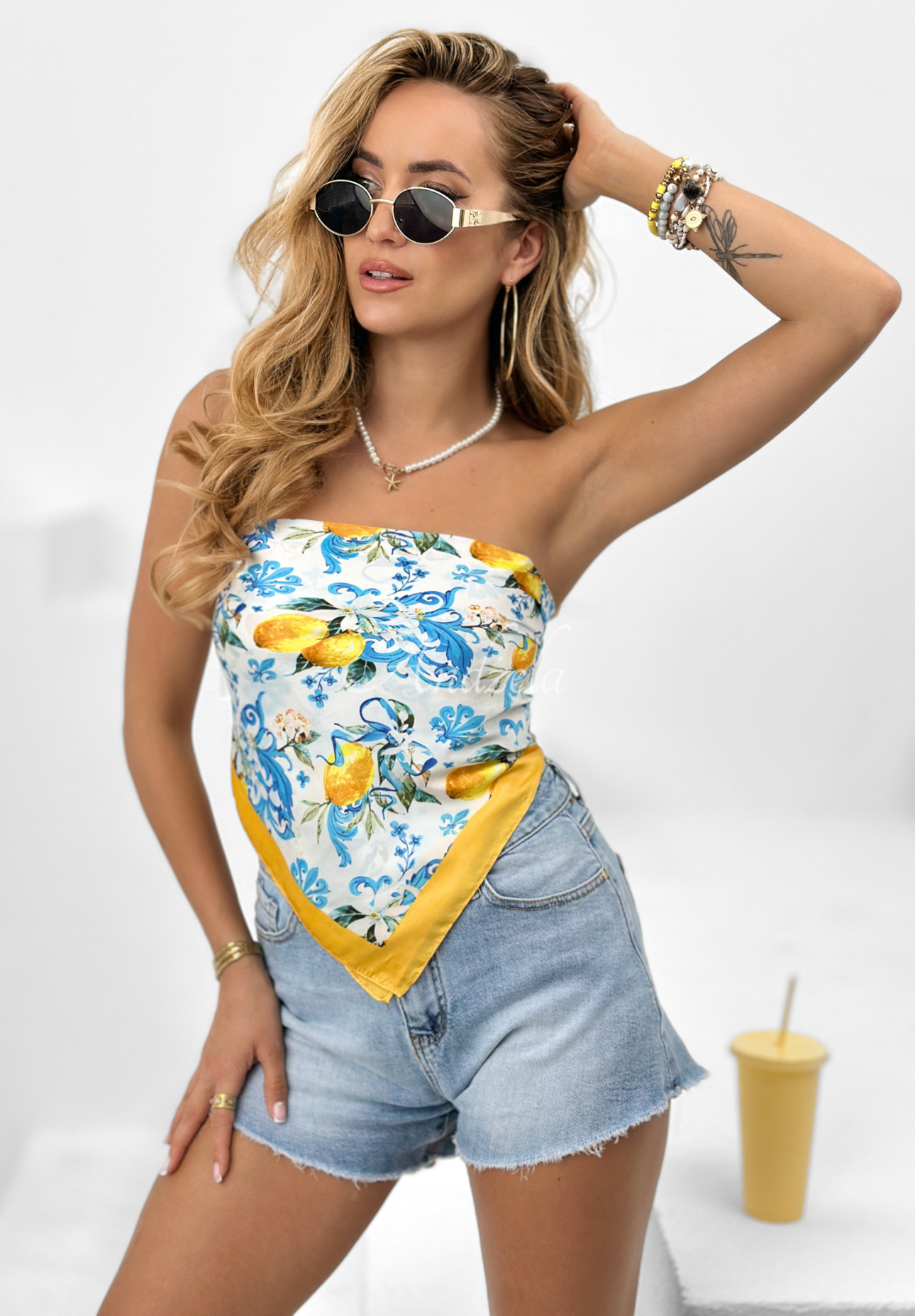 Lemon Lemonade patterned scarf yellow and blue