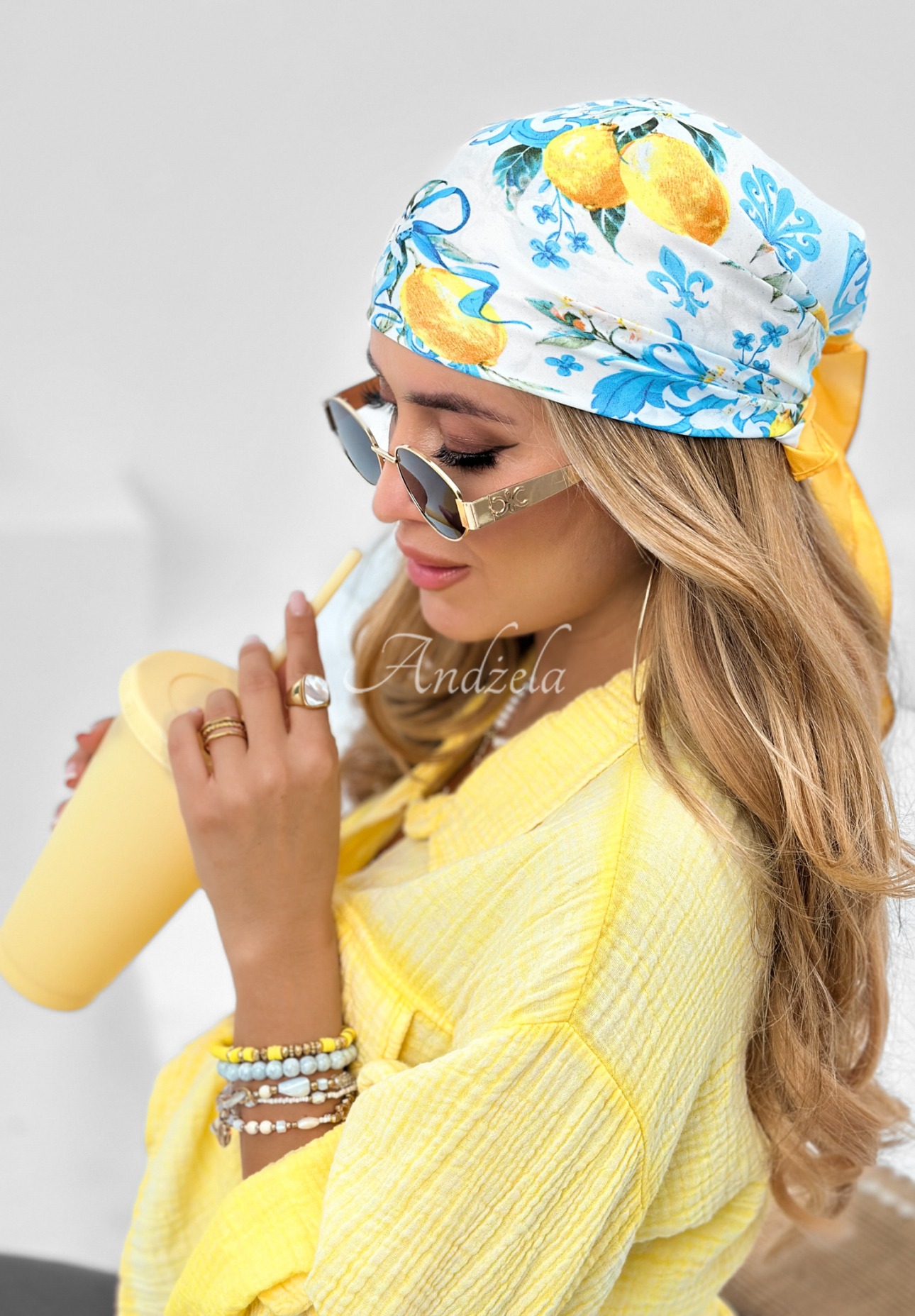Lemon Lemonade patterned scarf yellow and blue