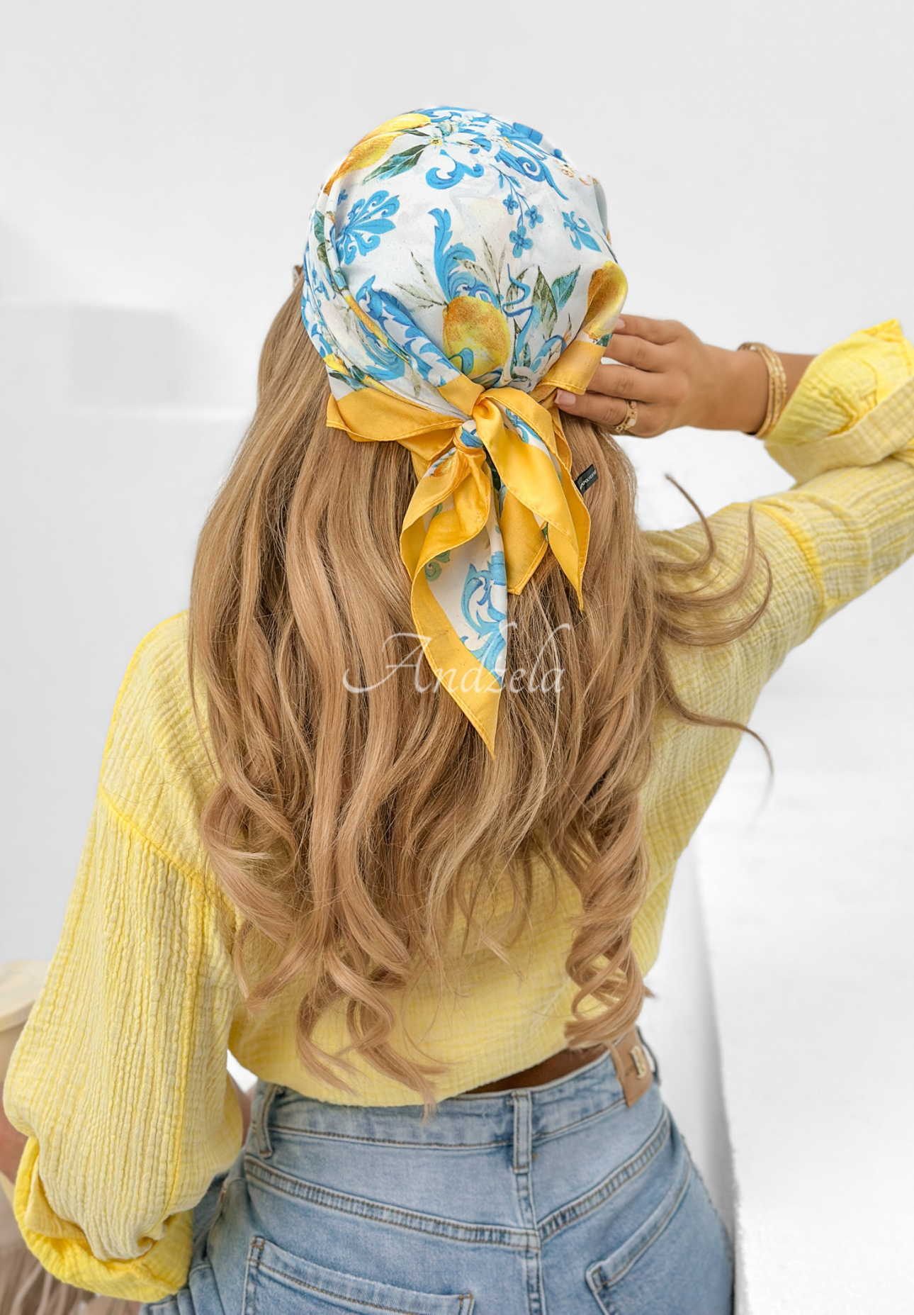 Lemon Lemonade patterned scarf yellow and blue