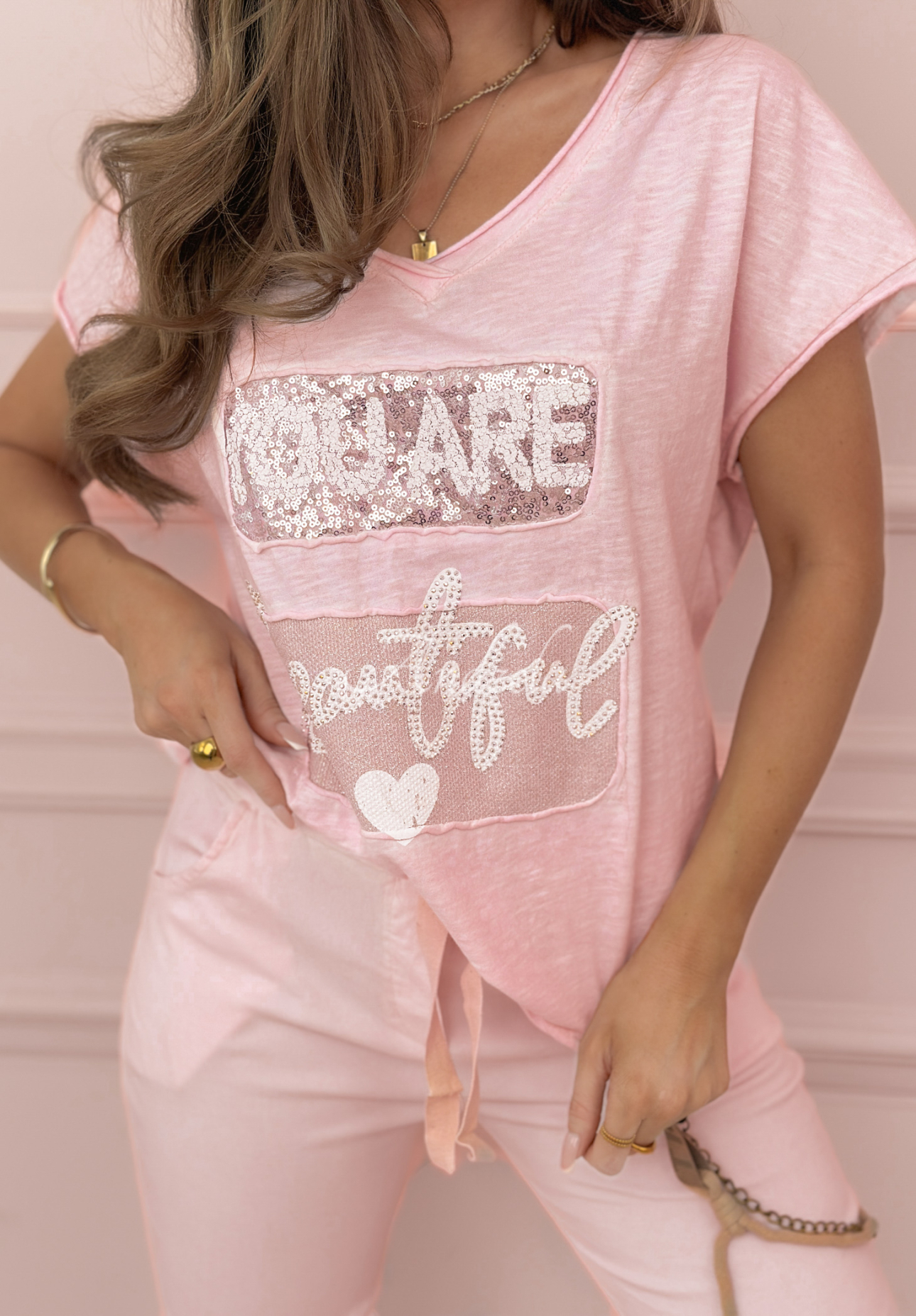 T-Shirt mit Print You Are Beautiful Rosa