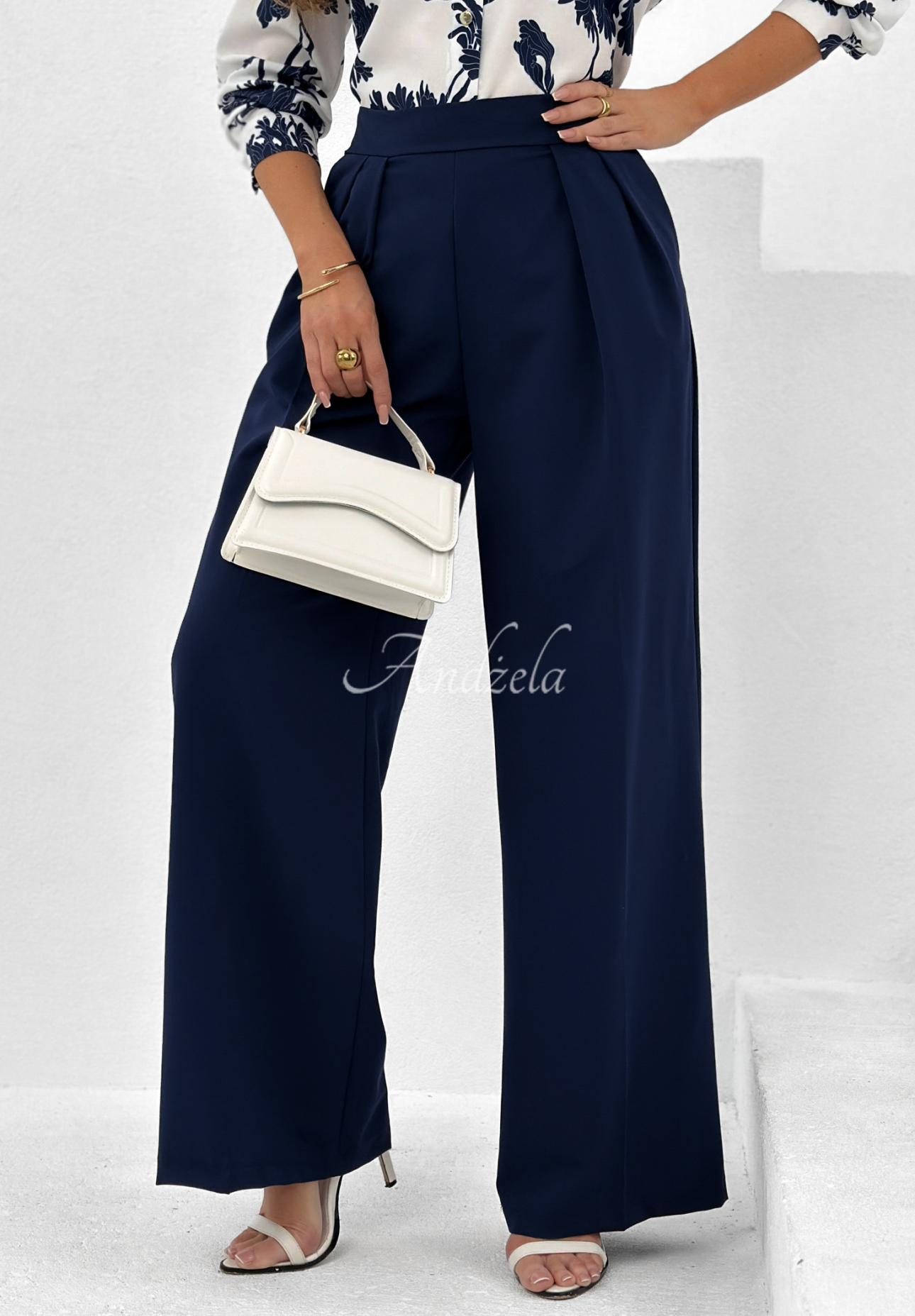 Fabric wide leg pants Not Difficult navy blue