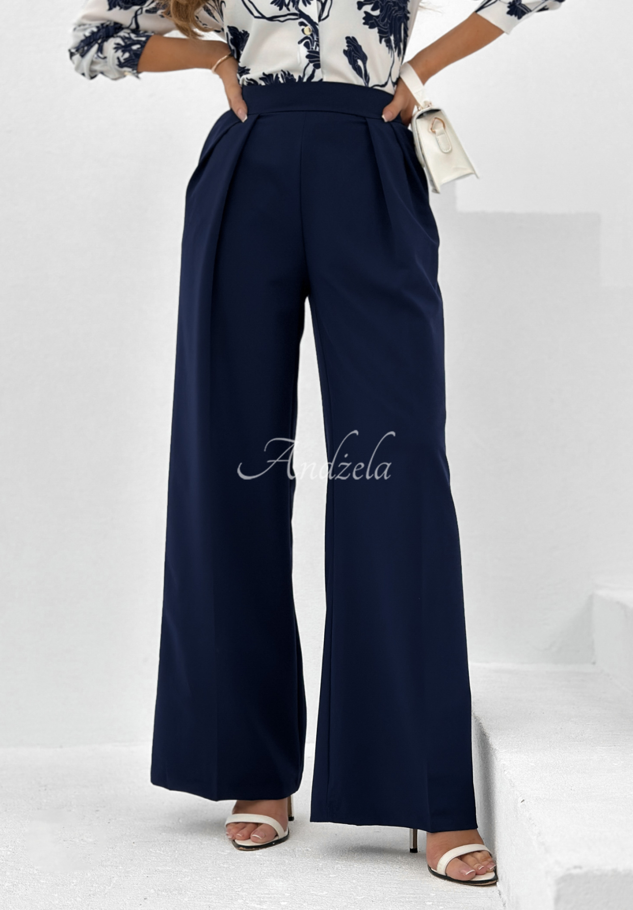 Fabric wide leg pants Not Difficult navy blue