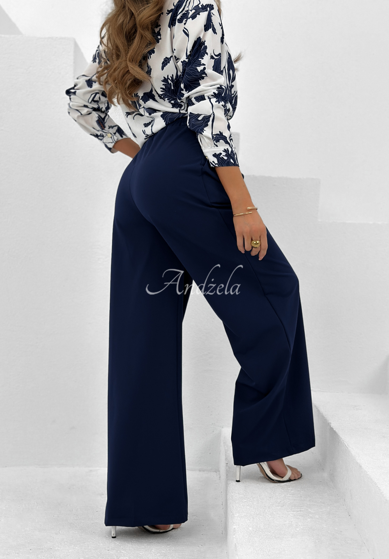 Fabric wide leg pants Not Difficult navy blue