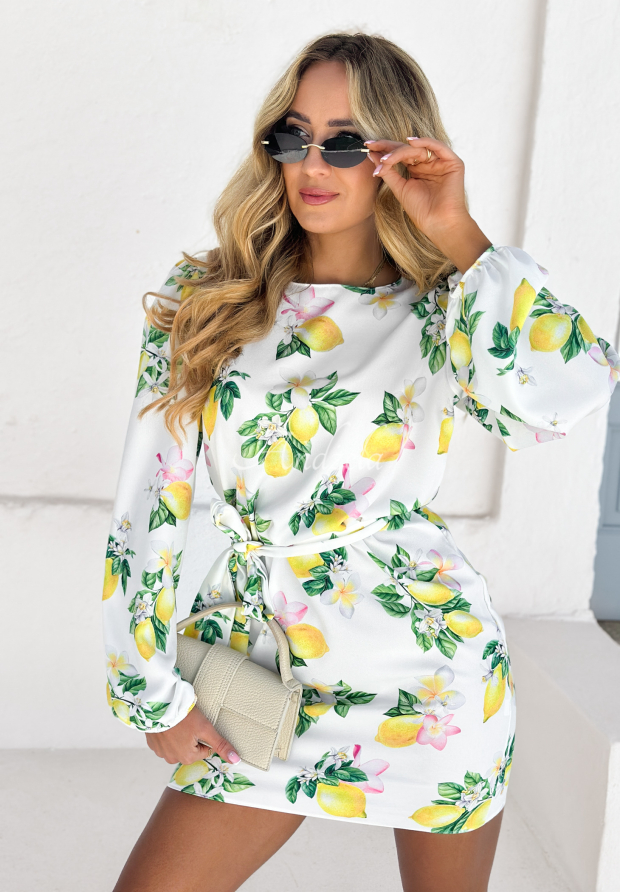 Kleid mit Puff&auml;rmeln und G&uuml;rtel mit Zitronenmuster Crazy About You Wei&szlig;