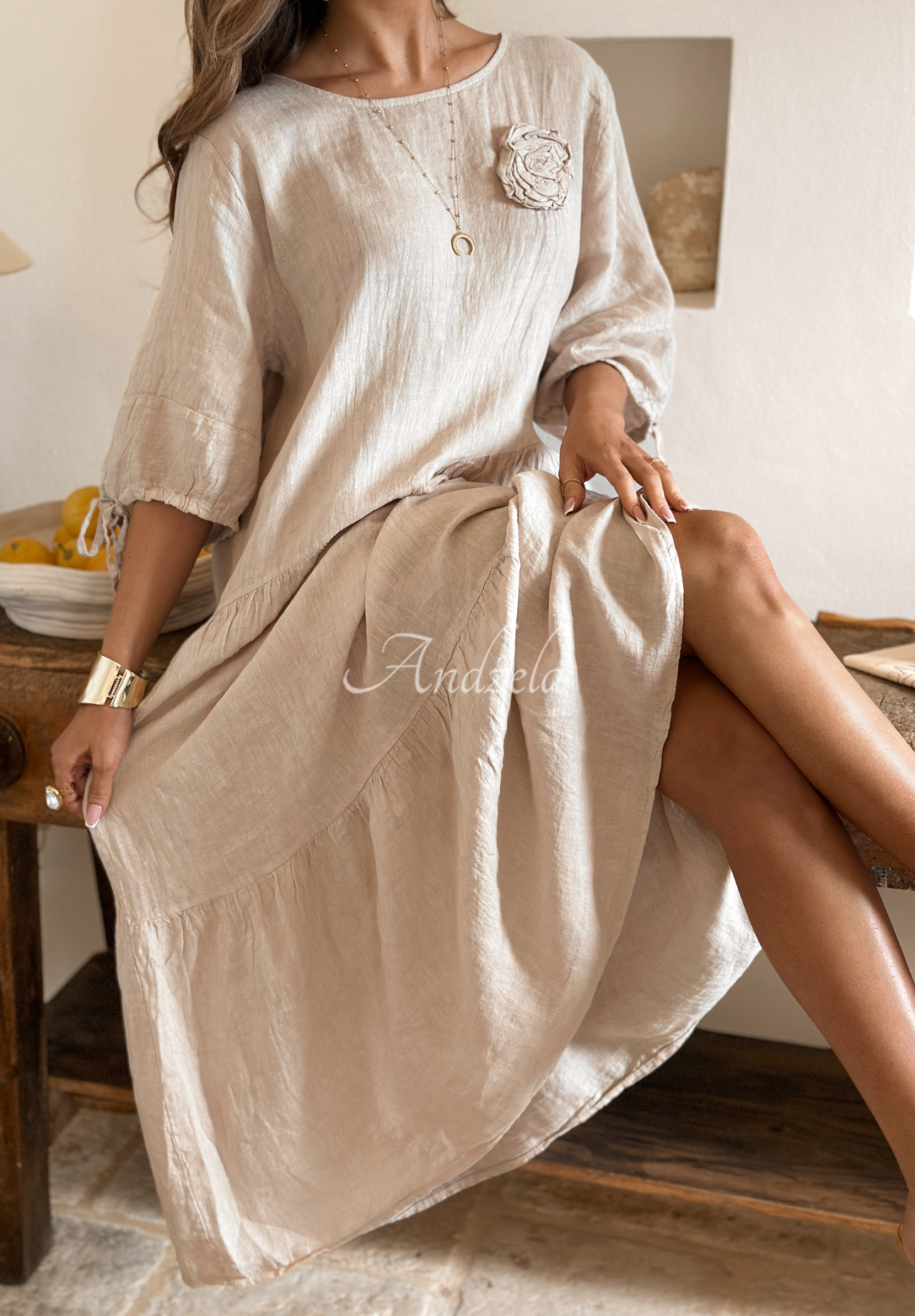 Linen dress with rose Take A Vacation beige.