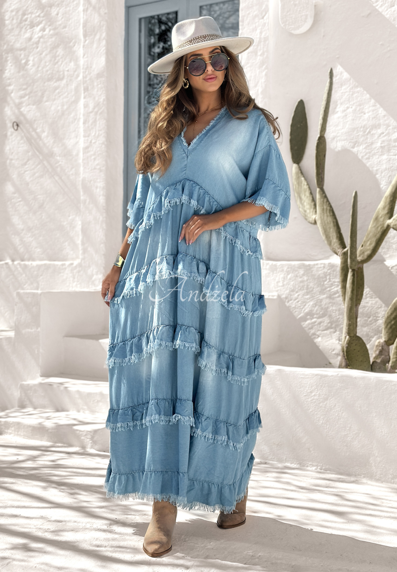Denim maxi dress with frills Blue Mystery blue