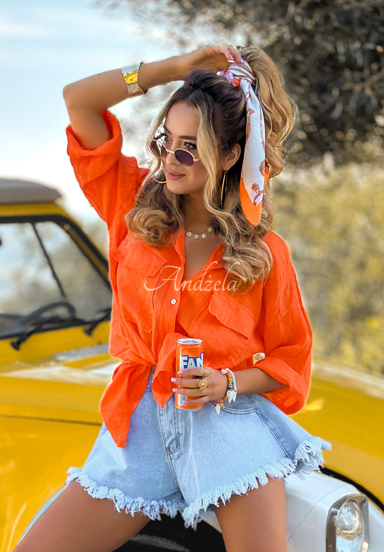 Linen shirt with pockets The Sun Will Rise orange