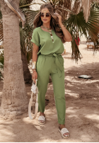 Lniany komplet T-shirt i spodnie Summer In Us khaki