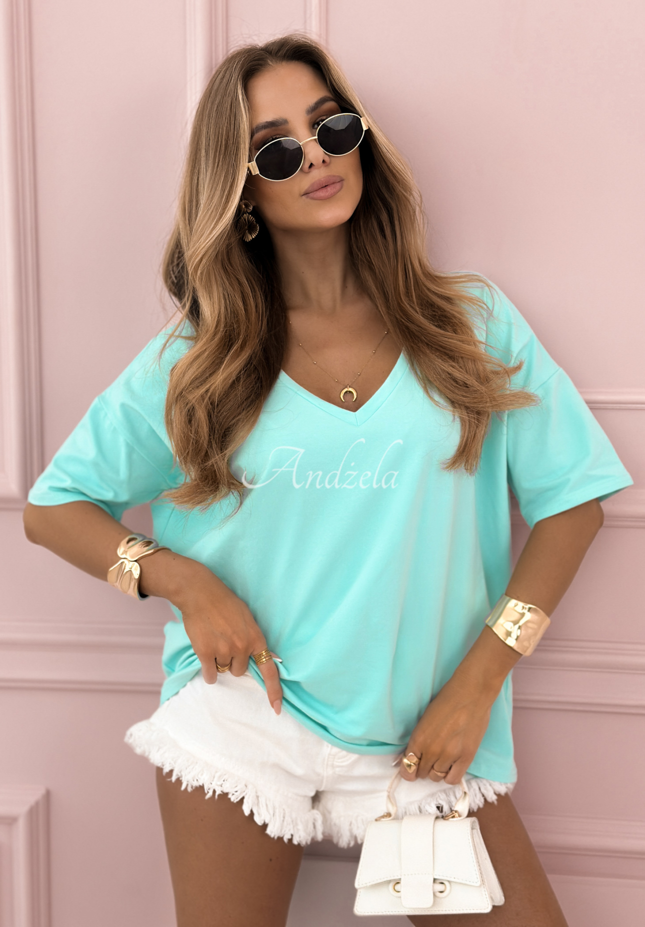 Cascade turquoise oversize tee with v-neck