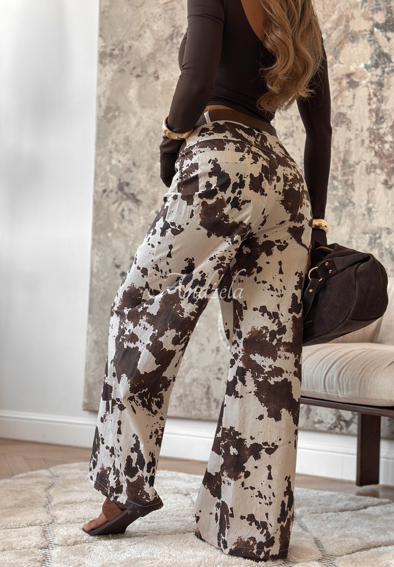 Pants in animal print with belt Outdoor Adventures white and chocolate