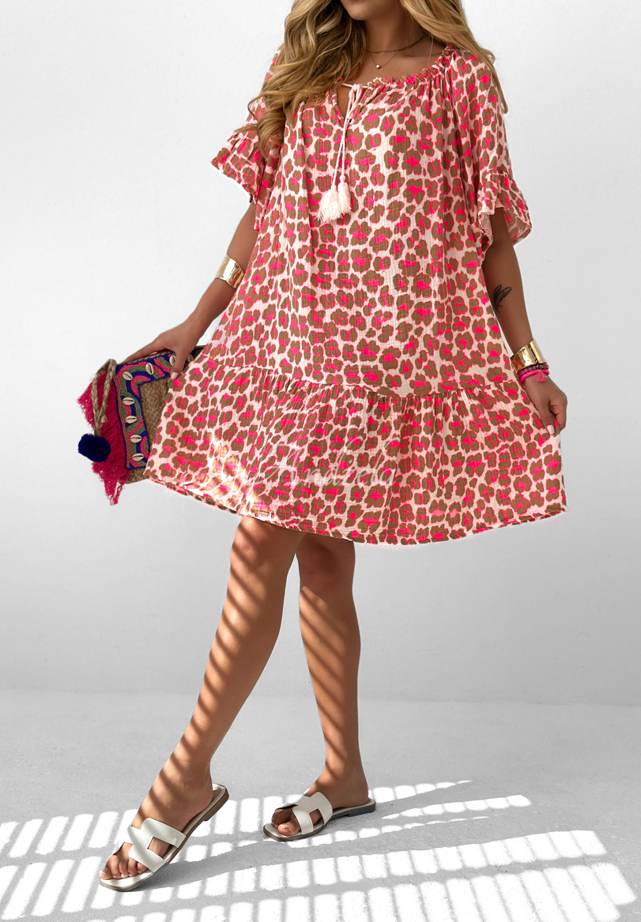 Blue Feeling panther muslin dress beige and pink