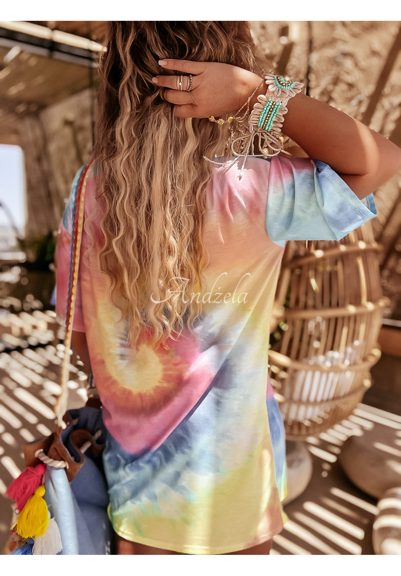 Langes Oversize T-Shirt tie dye Chill Out Rosa-Gelb