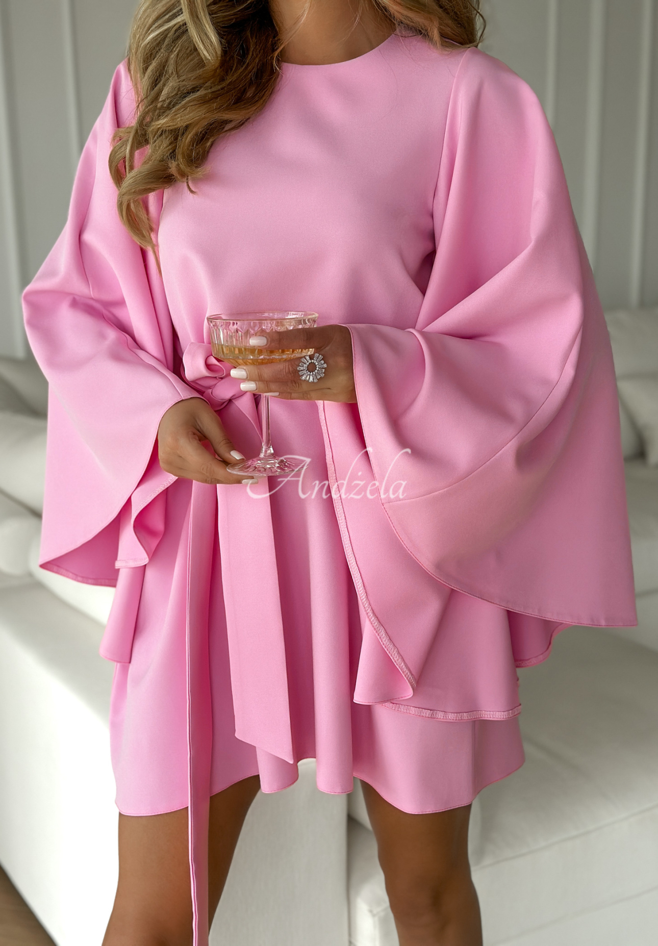 Fledermauskleid in A-Linie mit Gürtel Happiness Magnet Rosa