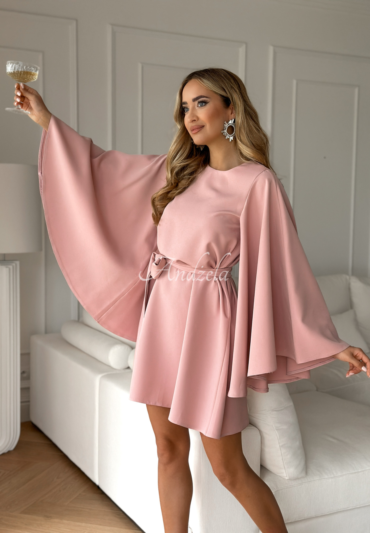 Fledermauskleid in A-Linie mit Gürtel Happiness Magnet Puderrosa