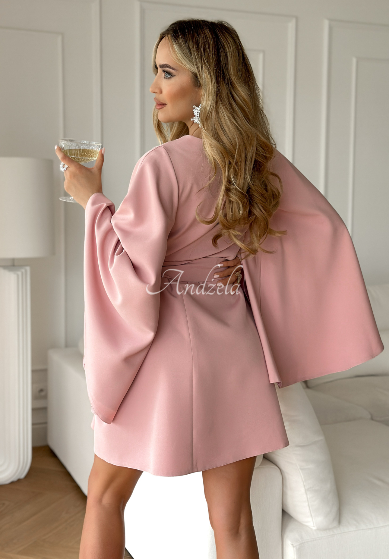 Fledermauskleid in A-Linie mit Gürtel Happiness Magnet Puderrosa